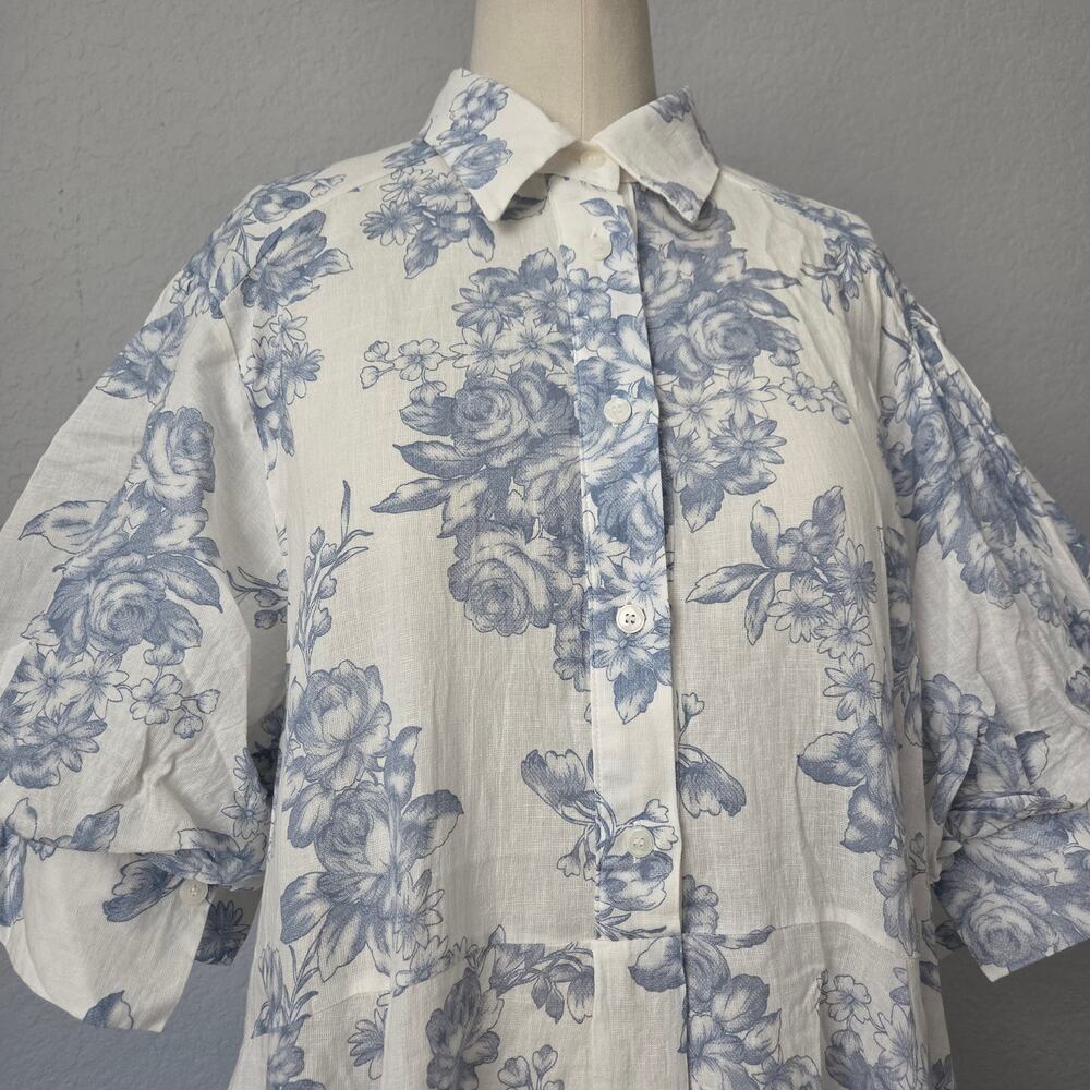 NWOT Romantic Blue Floral Linen-Cotton Midi Shirt Dress - Breezy & Chic - Picture 2 of 6